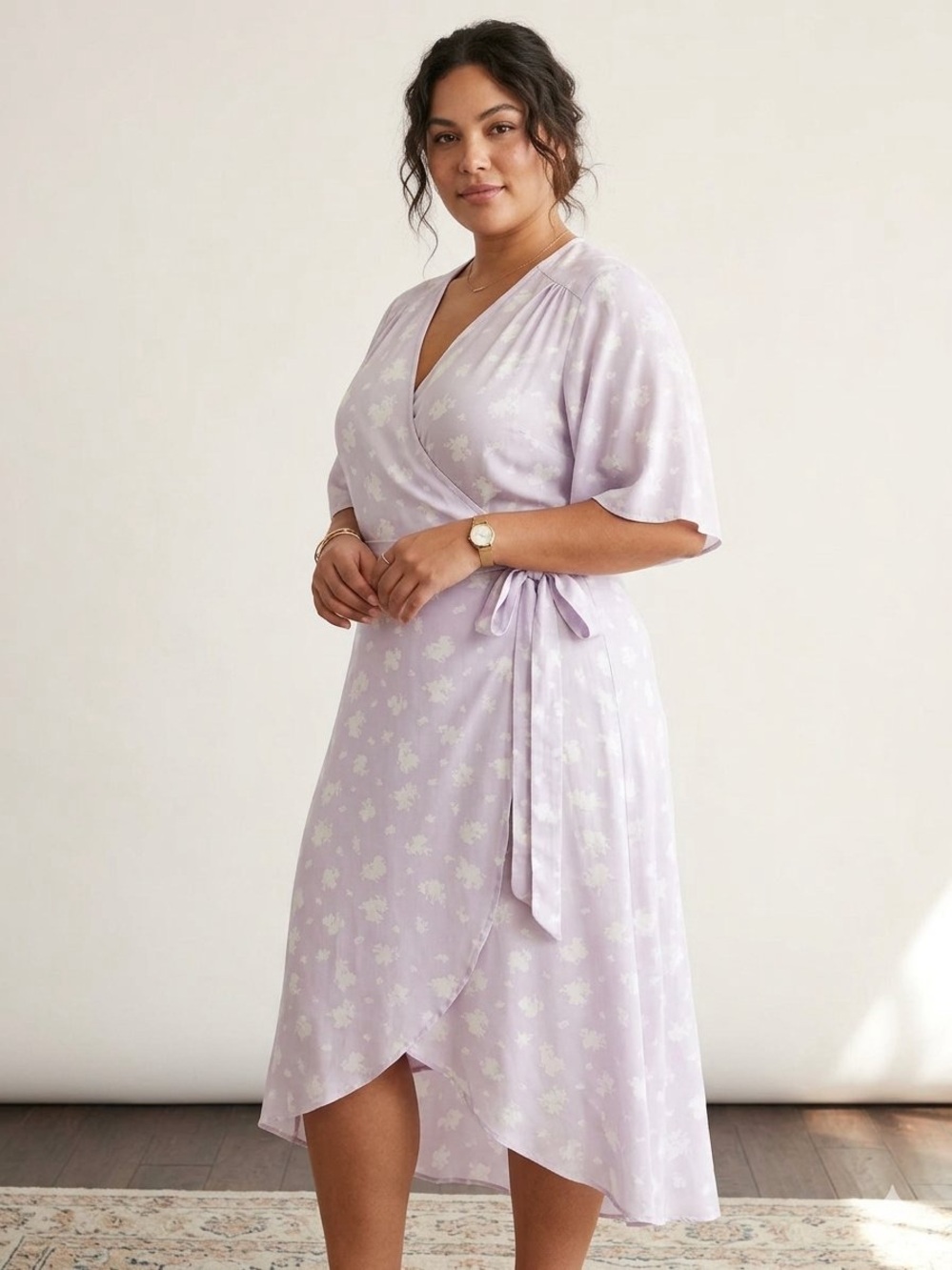 Bobeau Lavender Floral Wrap Midi Dress